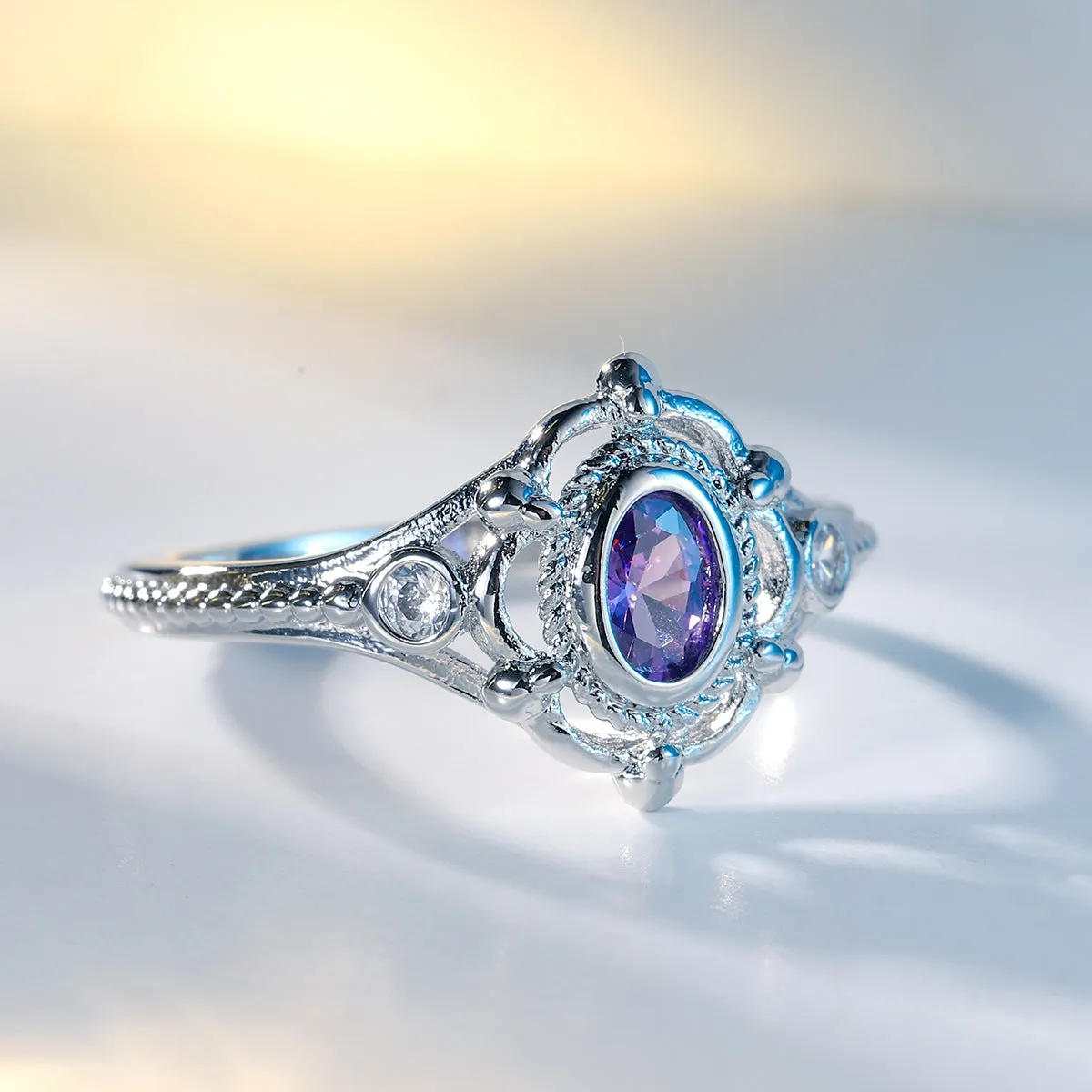 Cubic Zirconia & Purple Crystal Oval Ring