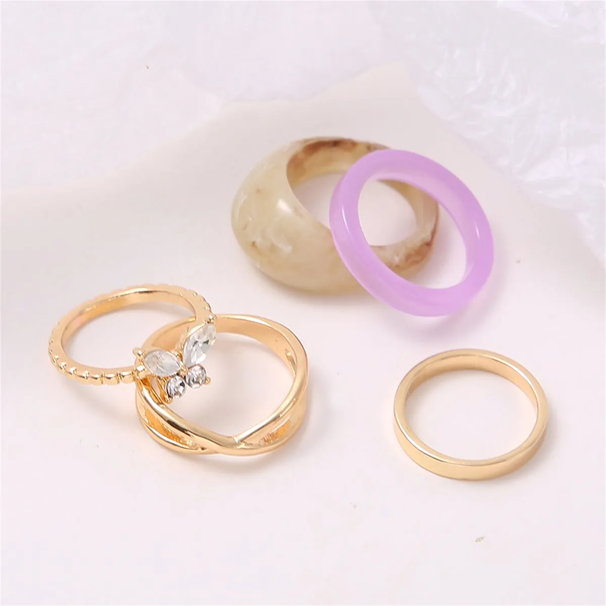Cubic Zirconia & Resin 18K Gold-Plated Butterfly Ring Set