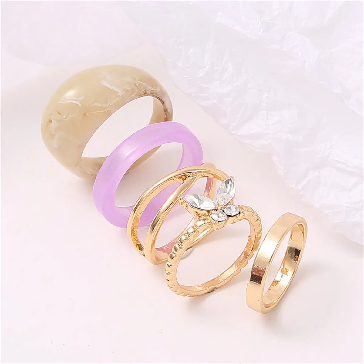 Cubic Zirconia & Resin 18K Gold-Plated Butterfly Ring Set