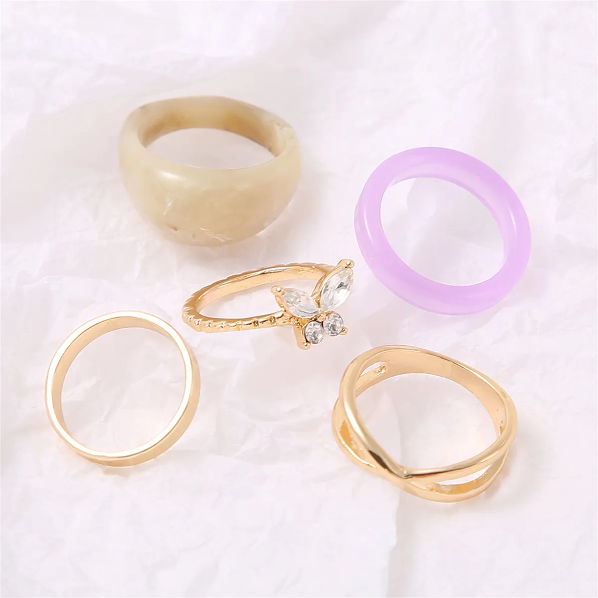 Cubic Zirconia & Resin 18K Gold-Plated Butterfly Ring Set