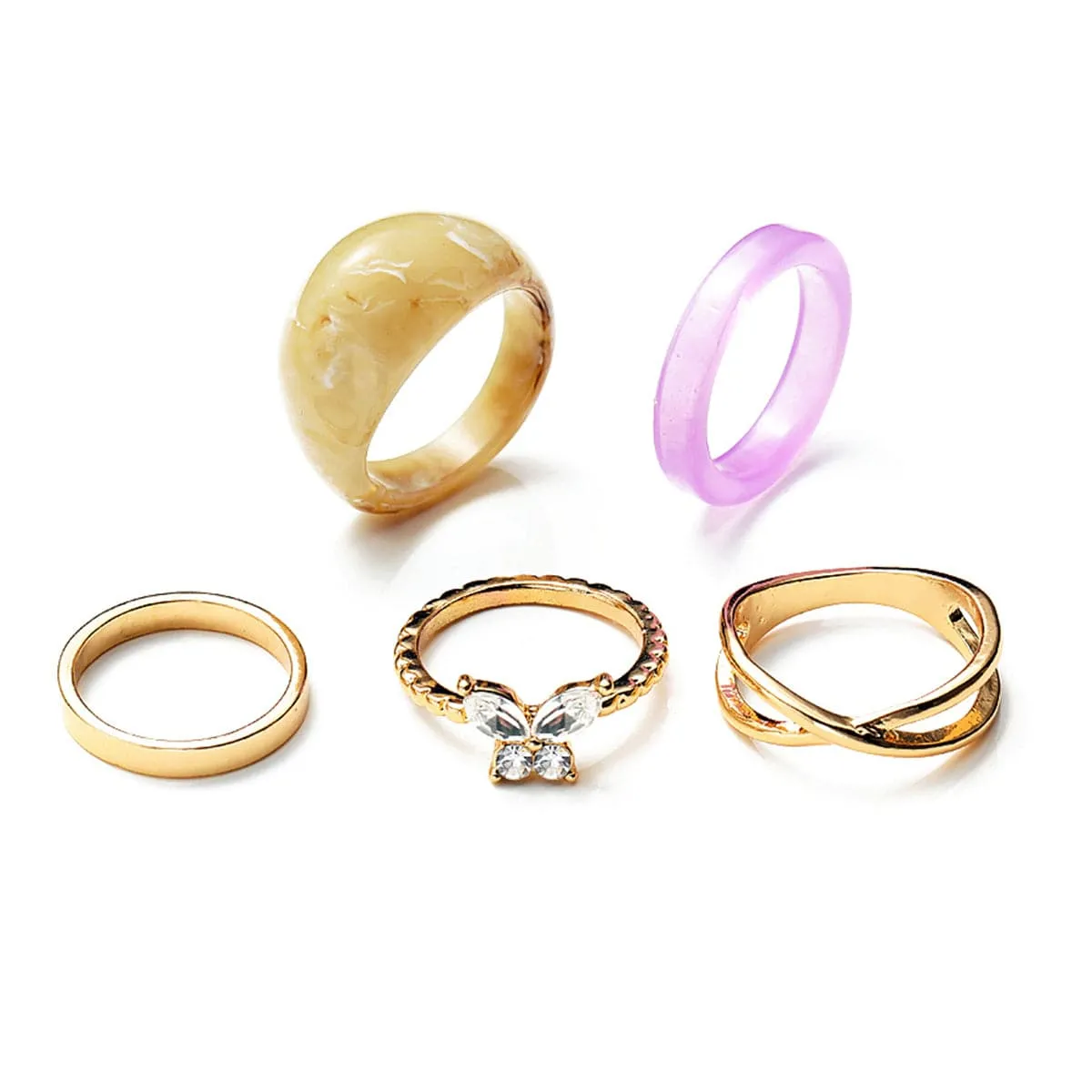 Cubic Zirconia & Resin 18K Gold-Plated Butterfly Ring Set