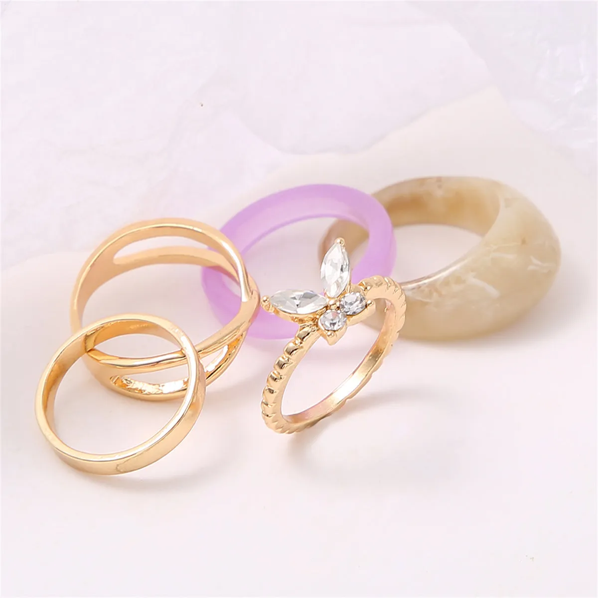 Cubic Zirconia & Resin 18K Gold-Plated Butterfly Ring Set