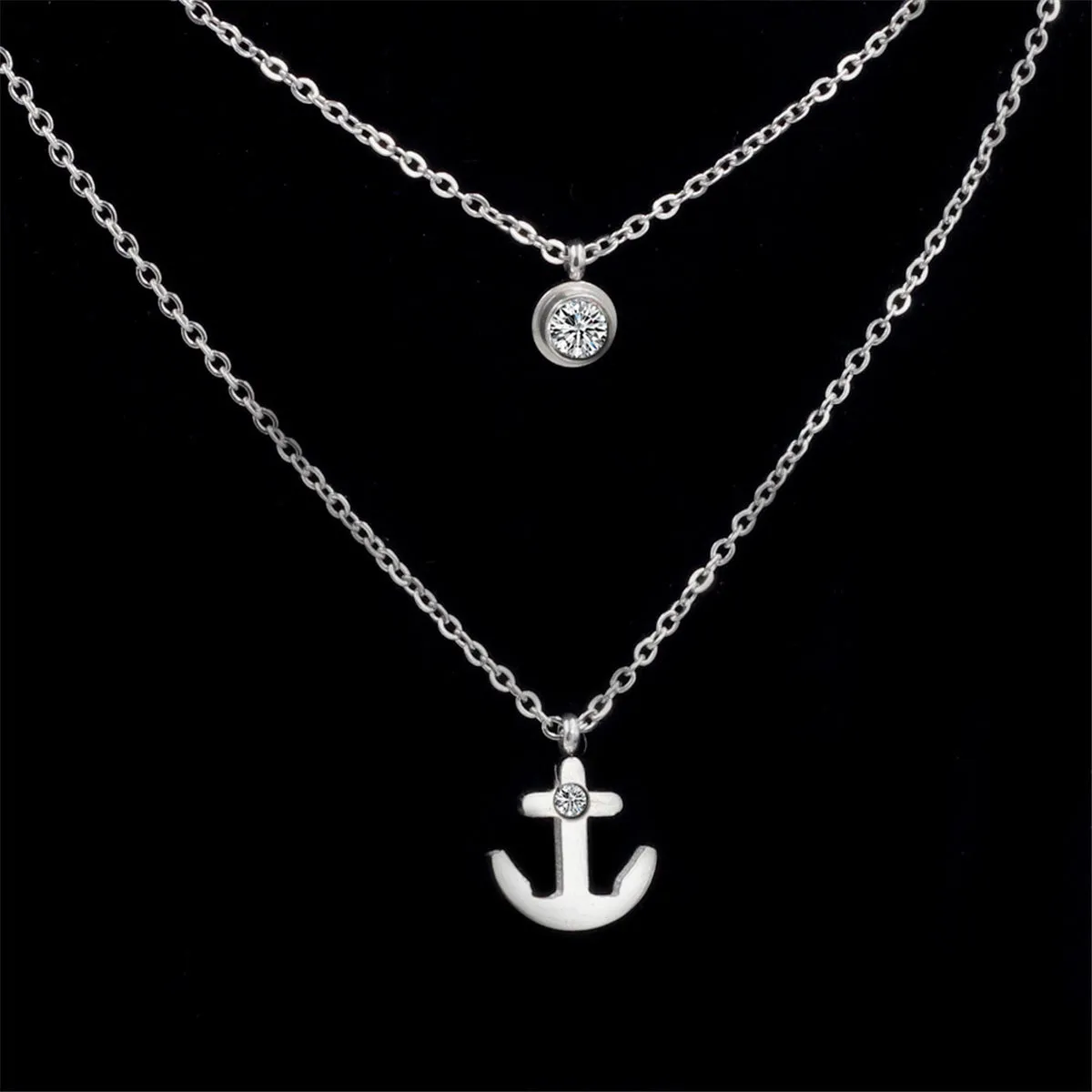 Cubic Zirconia & Silver-Plated Anchor Layered Pendant Necklace