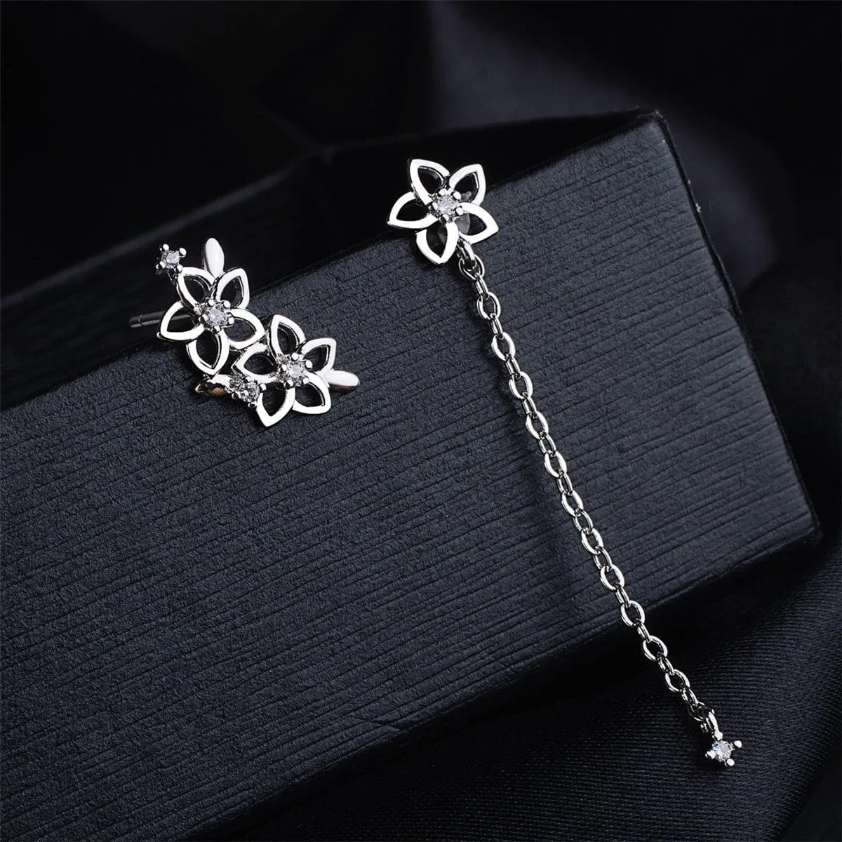 Cubic Zirconia & Silver-Plated Asymmetrical Flower Drop Earrings