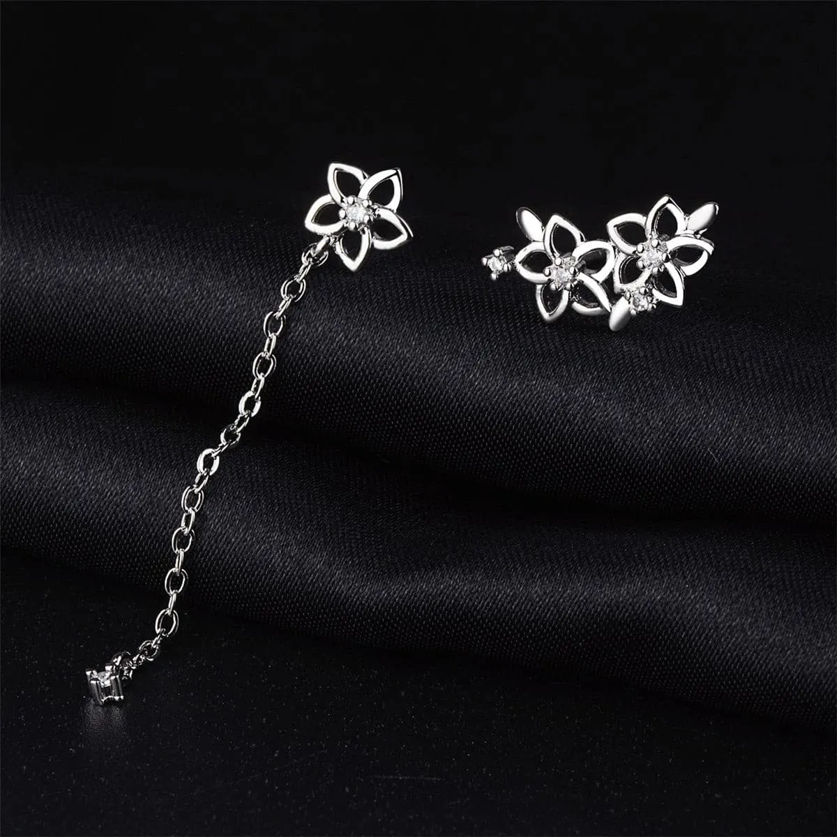 Cubic Zirconia & Silver-Plated Asymmetrical Flower Drop Earrings