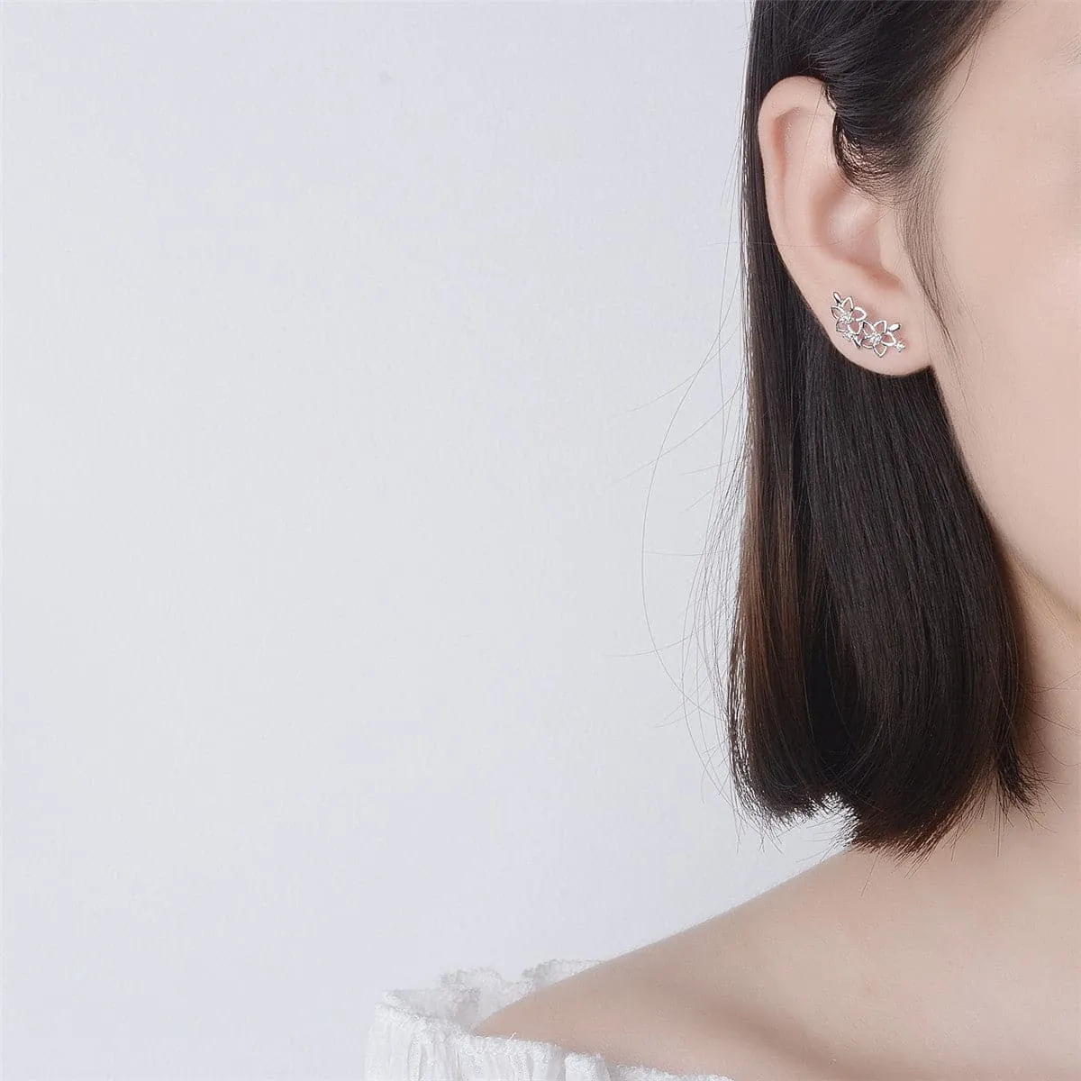 Cubic Zirconia & Silver-Plated Asymmetrical Flower Drop Earrings