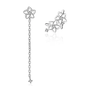 Cubic Zirconia & Silver-Plated Asymmetrical Flower Drop Earrings