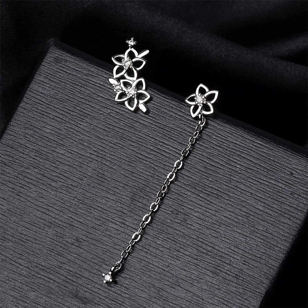 Cubic Zirconia & Silver-Plated Asymmetrical Flower Drop Earrings