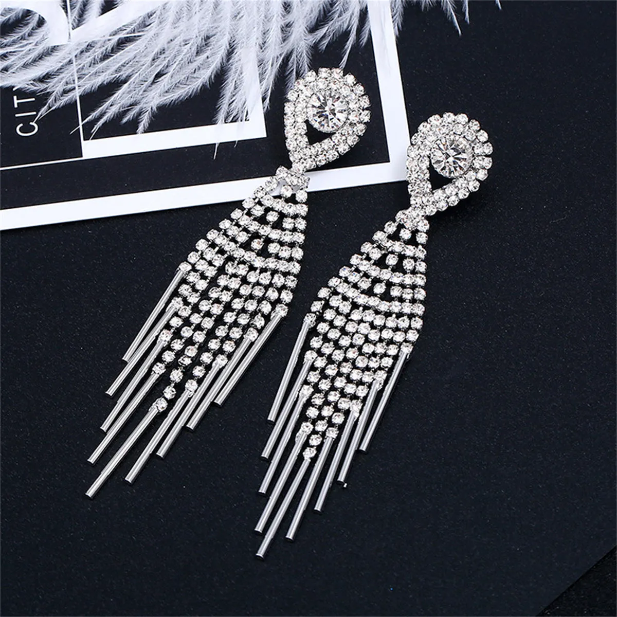 Cubic Zirconia & Silver-Plated Bar Tassel Drop Earrings