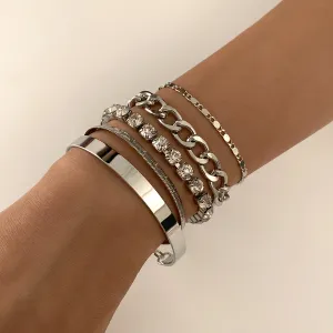 Cubic Zirconia & Silver-Plated Chain & Cuff Bracelet Set