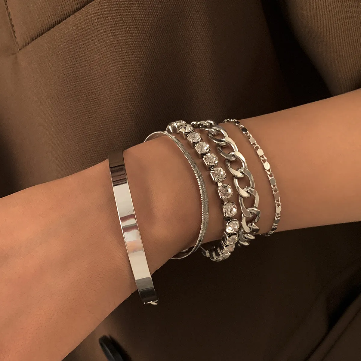 Cubic Zirconia & Silver-Plated Chain & Cuff Bracelet Set