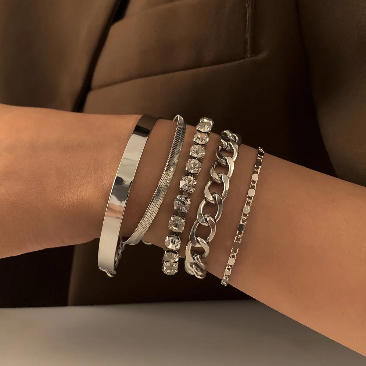 Cubic Zirconia & Silver-Plated Chain & Cuff Bracelet Set