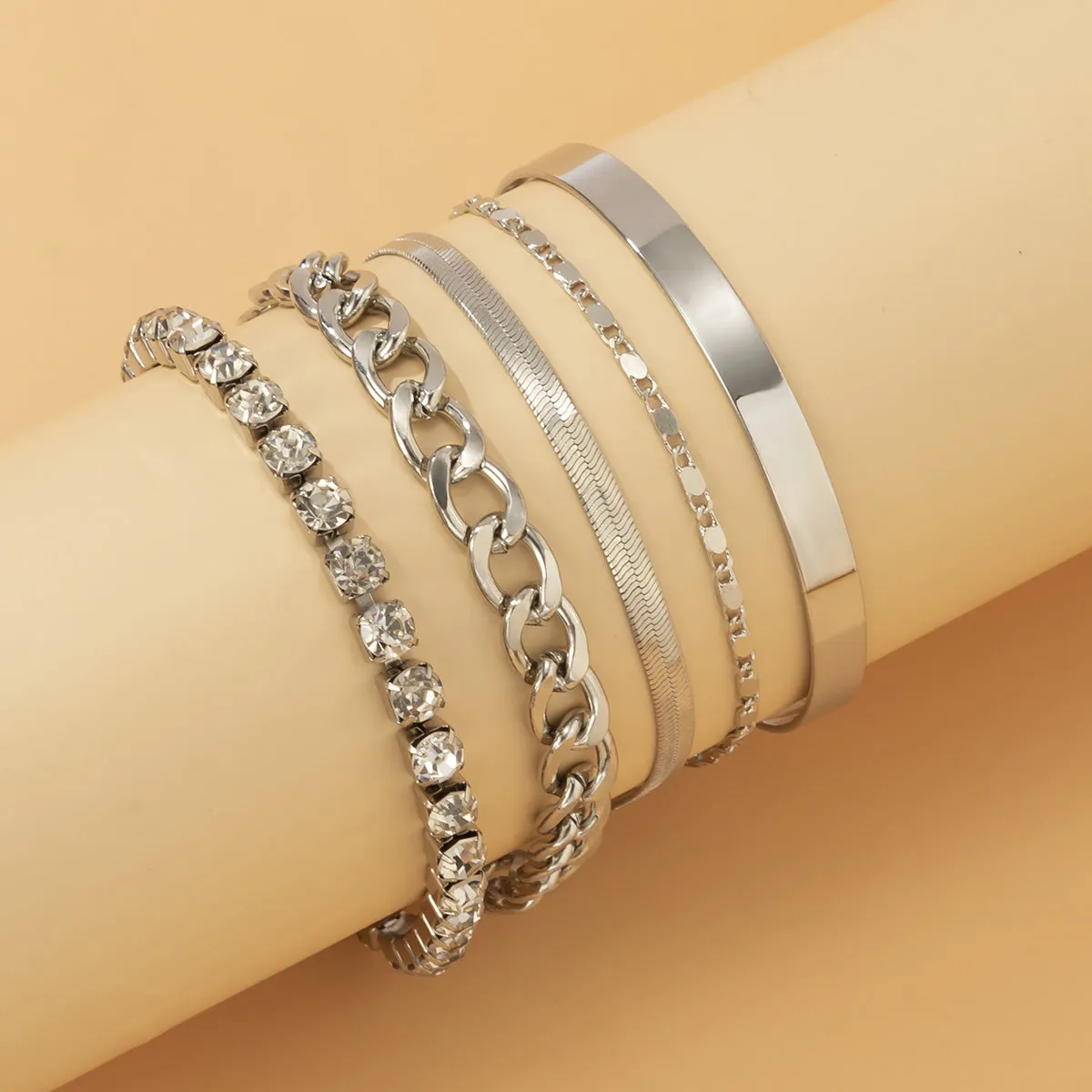 Cubic Zirconia & Silver-Plated Chain & Cuff Bracelet Set