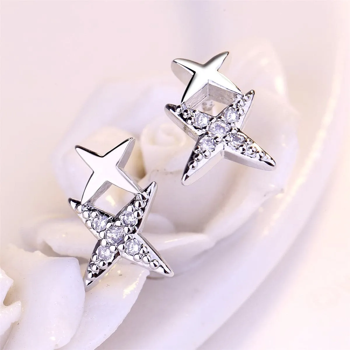 Cubic Zirconia & Silver-Plated Double Star Stud Earrings
