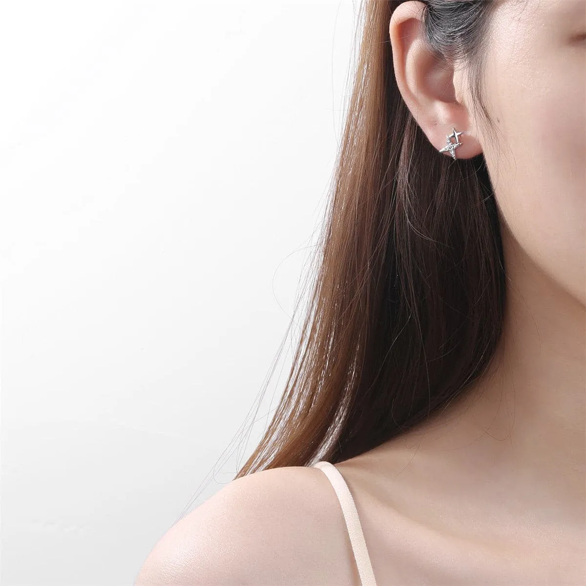 Cubic Zirconia & Silver-Plated Double Star Stud Earrings