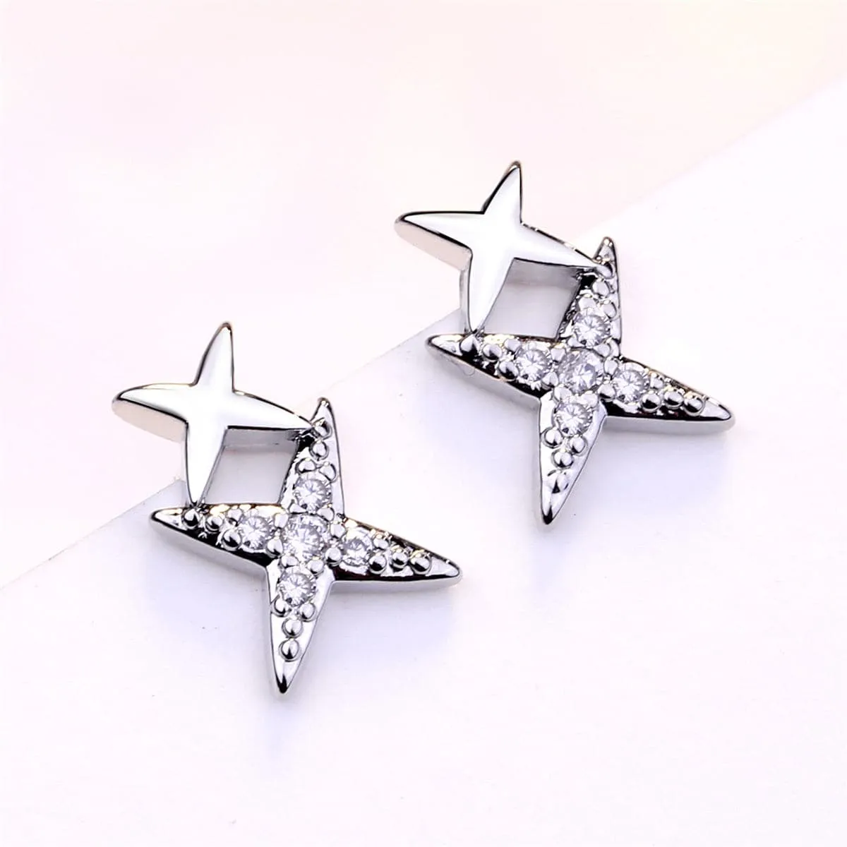 Cubic Zirconia & Silver-Plated Double Star Stud Earrings