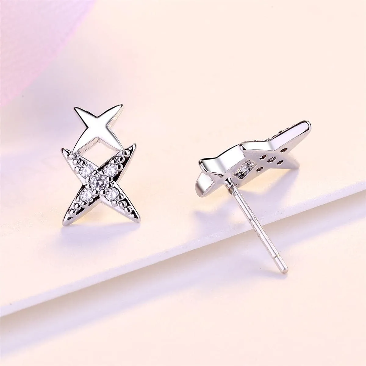 Cubic Zirconia & Silver-Plated Double Star Stud Earrings