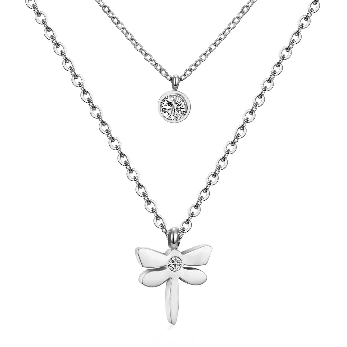 Cubic Zirconia & Silver-Plated Dragonfly Layered Pendant Necklace
