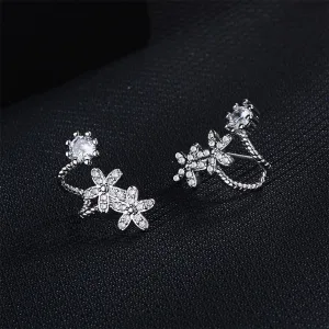 Cubic Zirconia & Silver-Plated Flower Ear Climbers