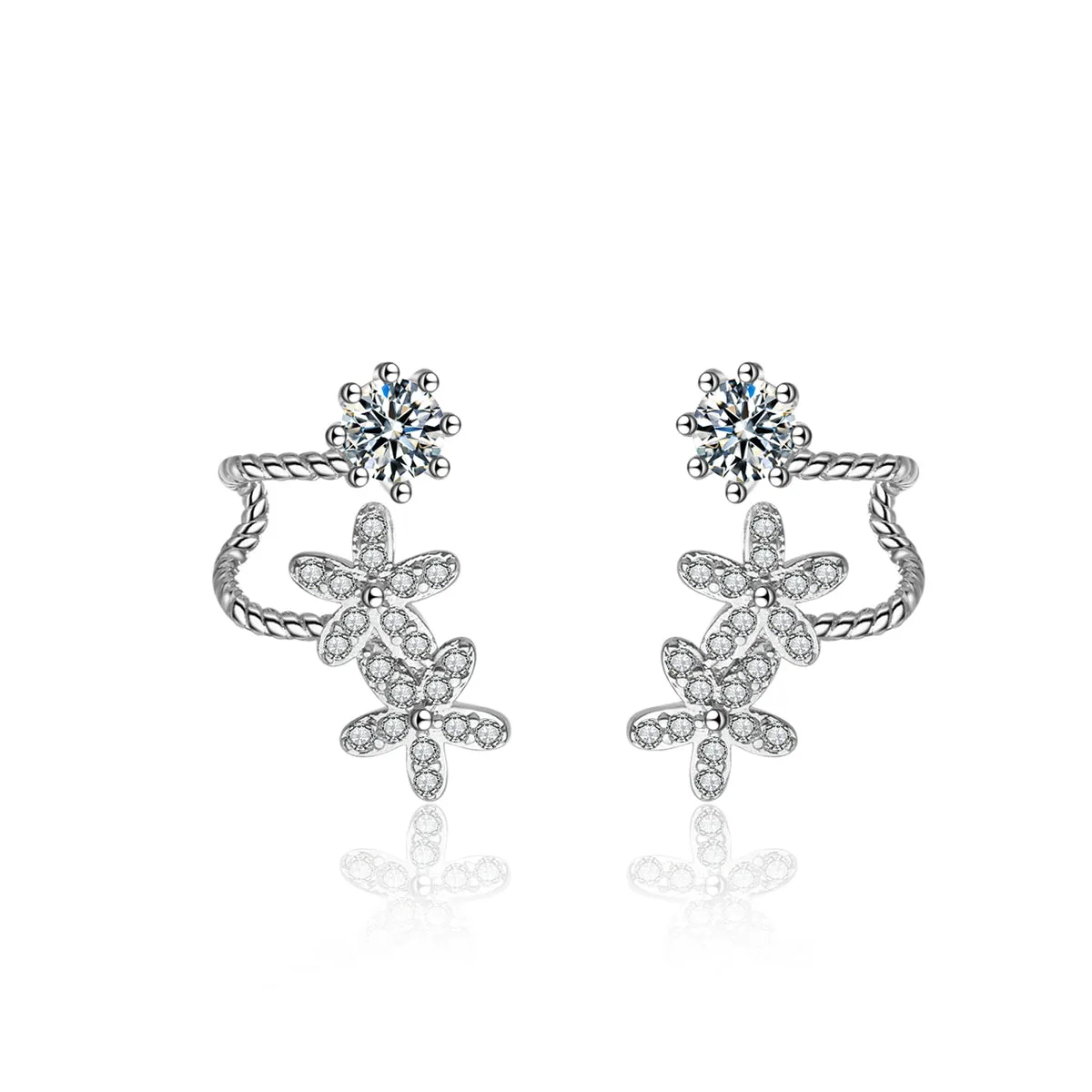 Cubic Zirconia & Silver-Plated Flower Ear Climbers