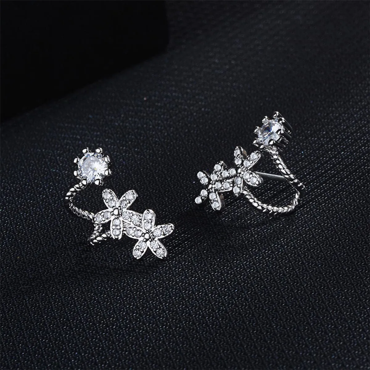 Cubic Zirconia & Silver-Plated Flower Ear Climbers