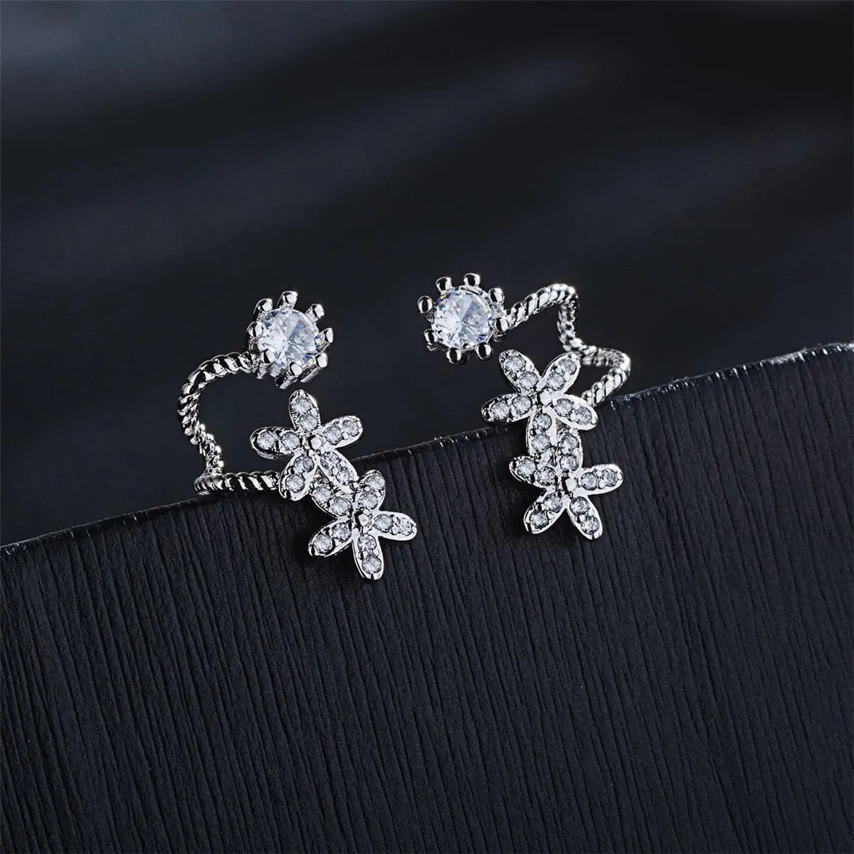 Cubic Zirconia & Silver-Plated Flower Ear Climbers