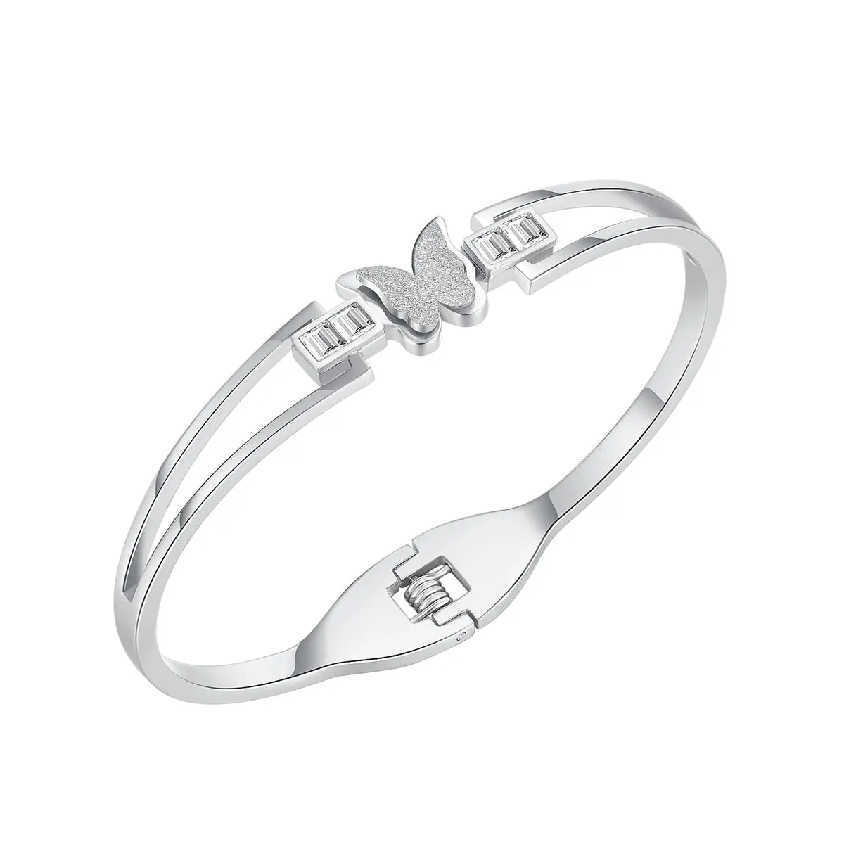 Cubic Zirconia & Silver-Plated Frosted Butterfly Layered Band Bangle