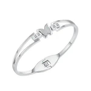Cubic Zirconia & Silver-Plated Frosted Butterfly Layered Band Bangle