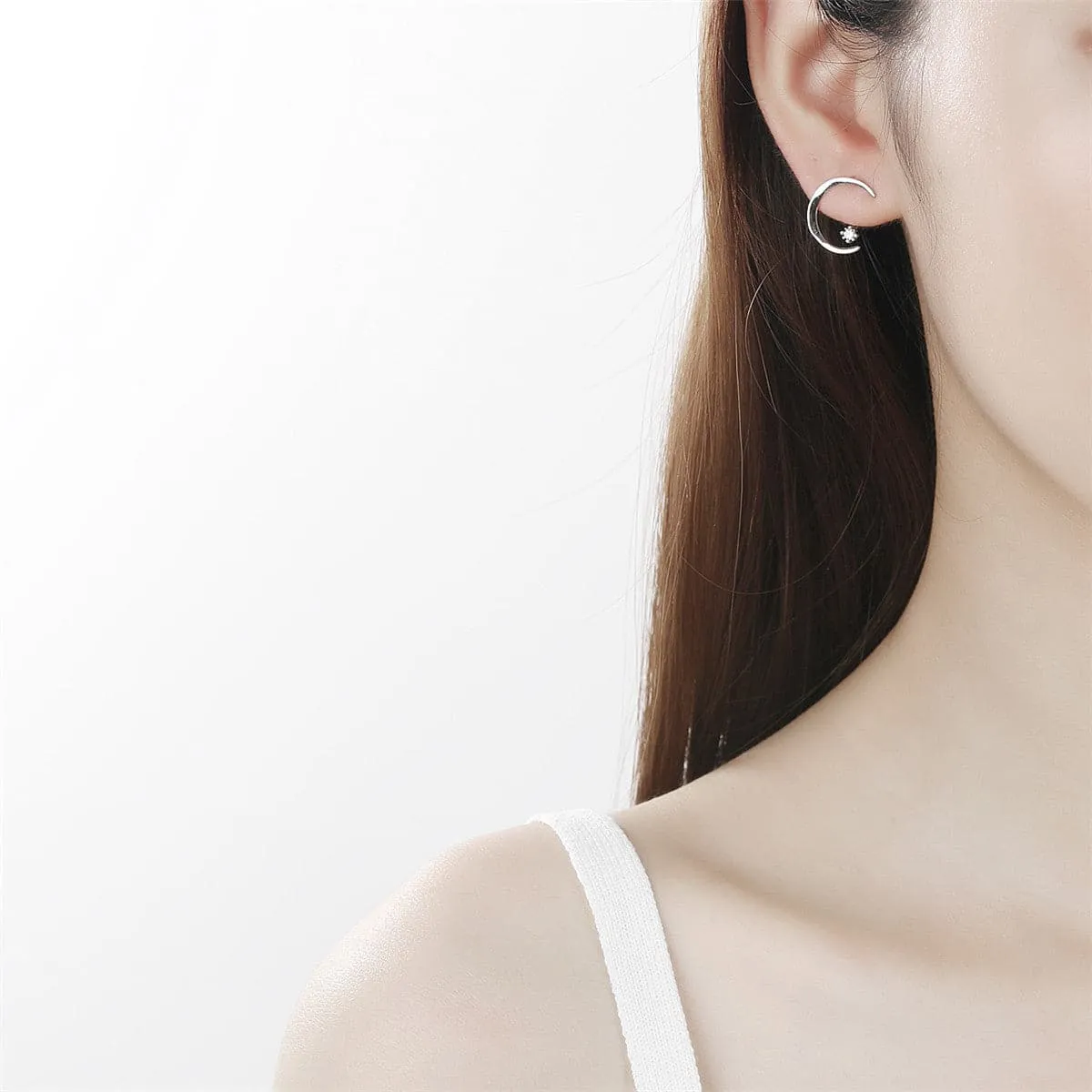 Cubic Zirconia & Silver-Plated Half Moon Drop Earrings