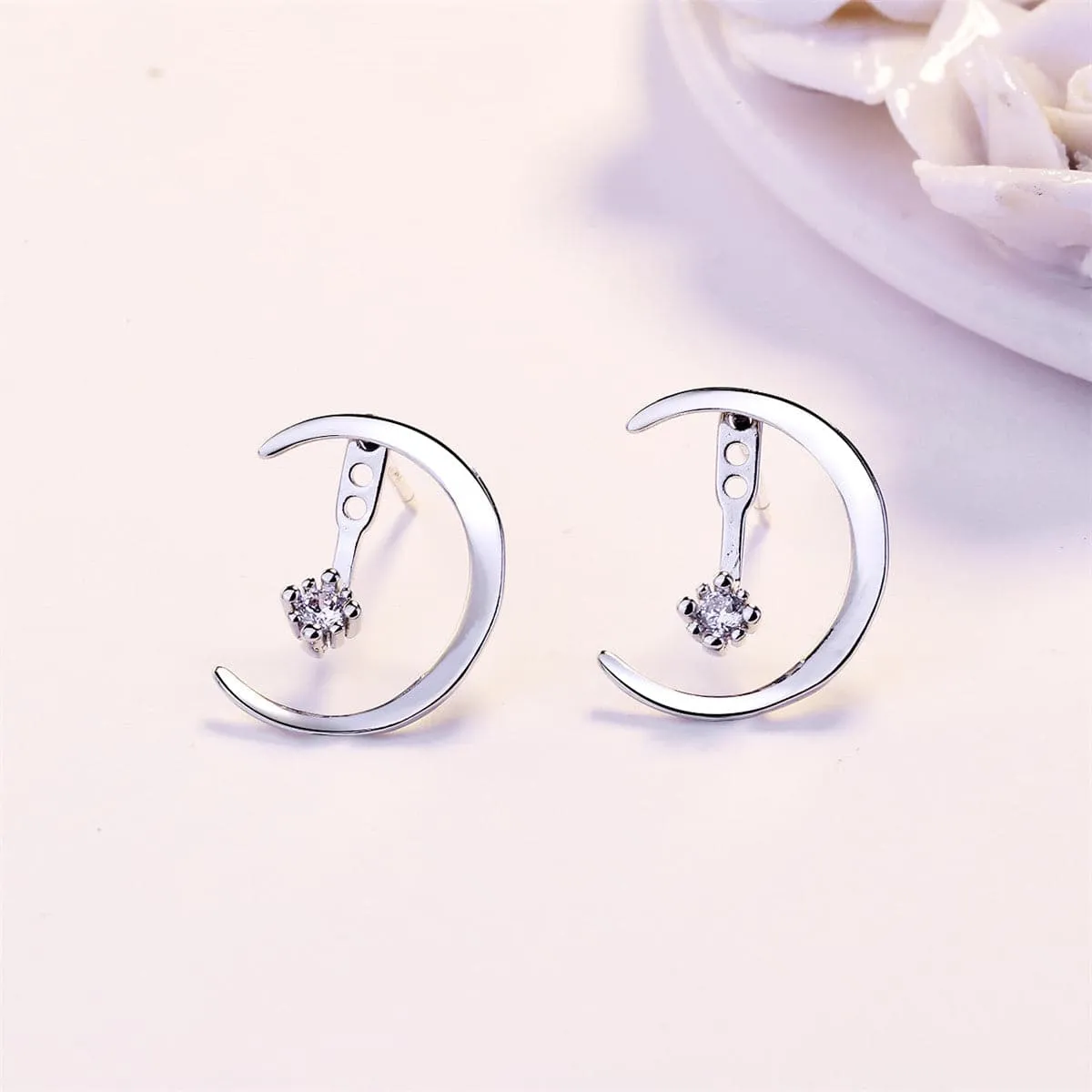 Cubic Zirconia & Silver-Plated Half Moon Drop Earrings