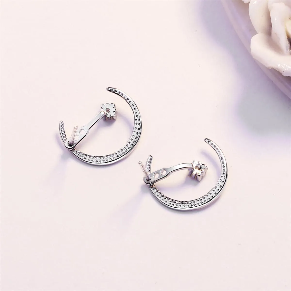 Cubic Zirconia & Silver-Plated Half Moon Drop Earrings