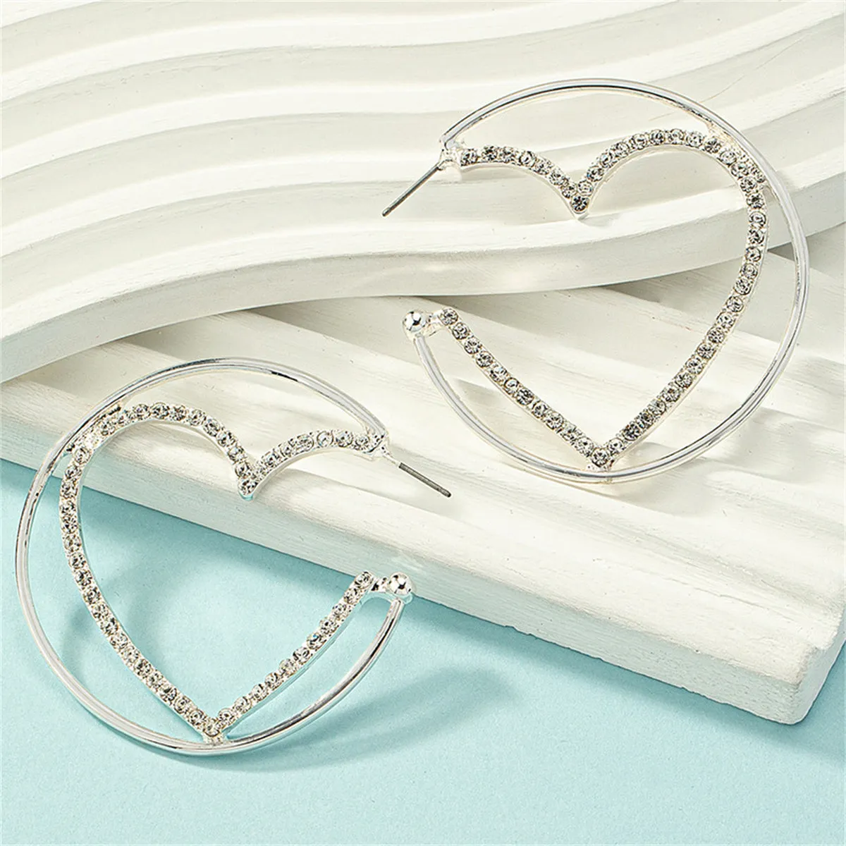 Cubic Zirconia & Silver-Plated Heart Huggie Earrings