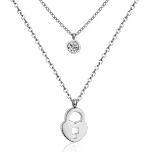Cubic Zirconia & Silver-Plated Heart Lock Layered Pendant Necklace