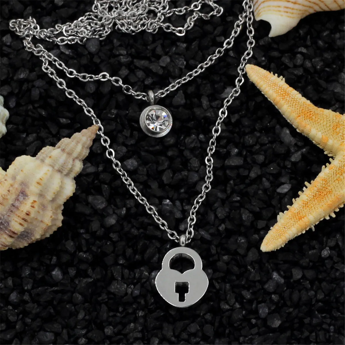 Cubic Zirconia & Silver-Plated Heart Lock Layered Pendant Necklace