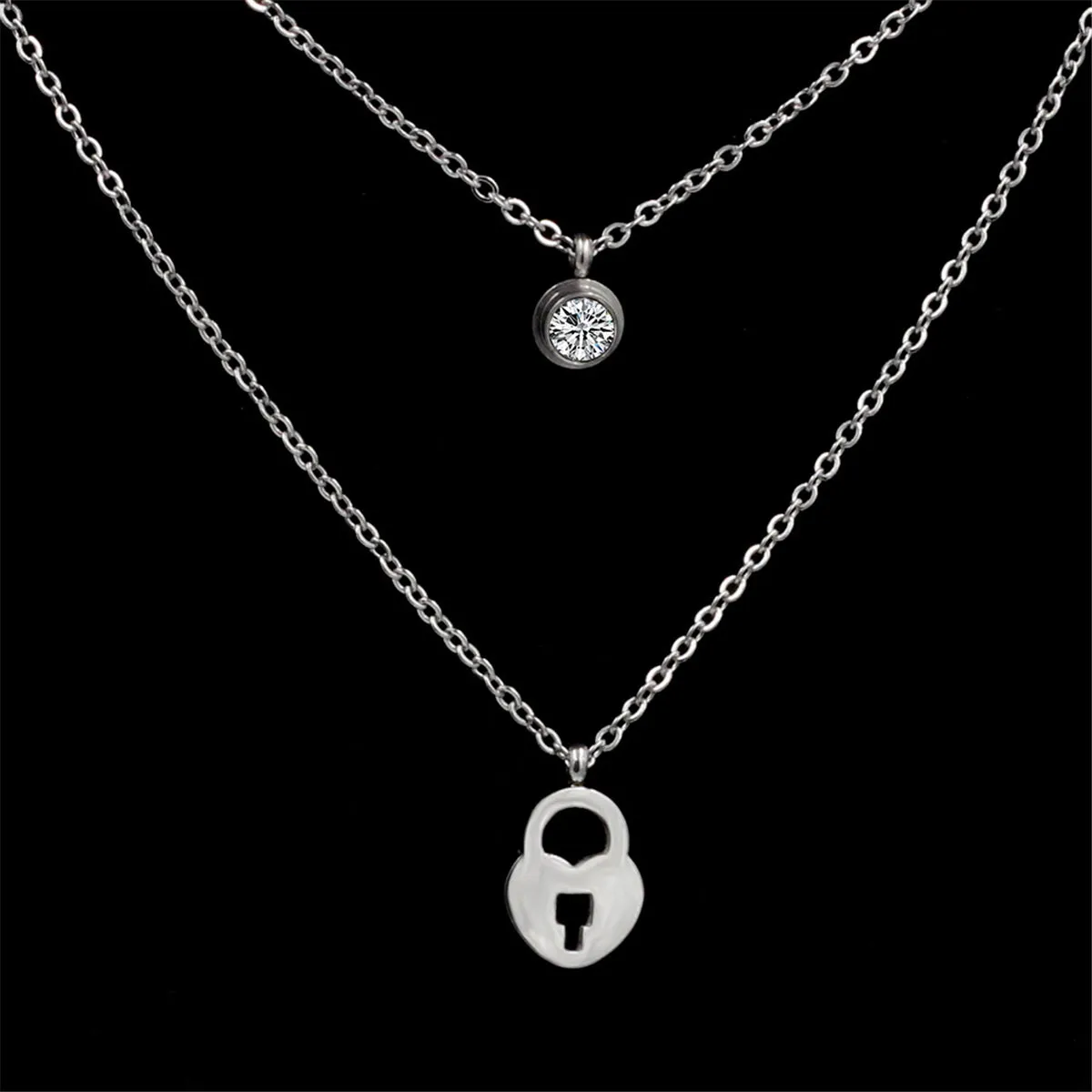 Cubic Zirconia & Silver-Plated Heart Lock Layered Pendant Necklace