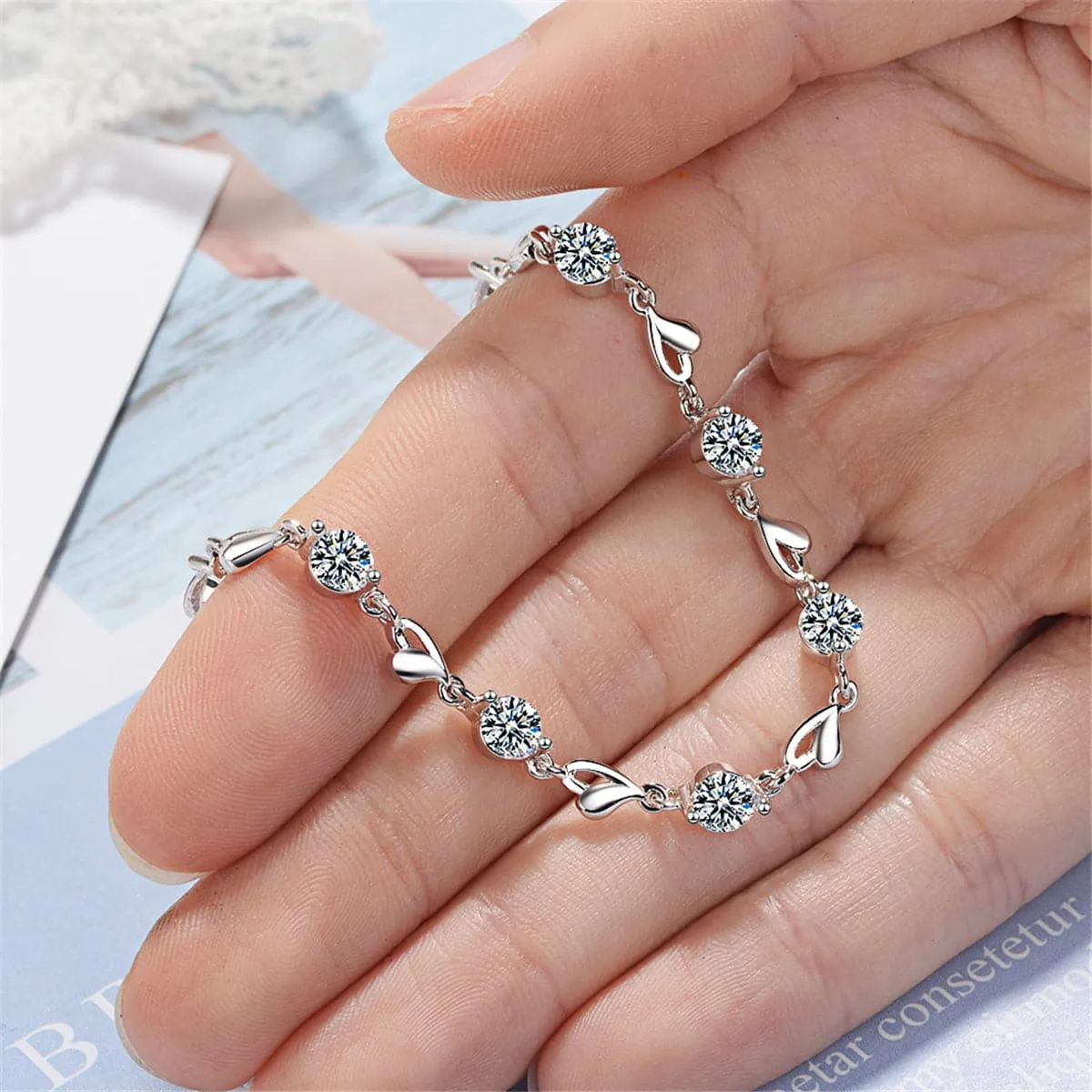 Cubic Zirconia & Silver-Plated Heart Station Bracelet