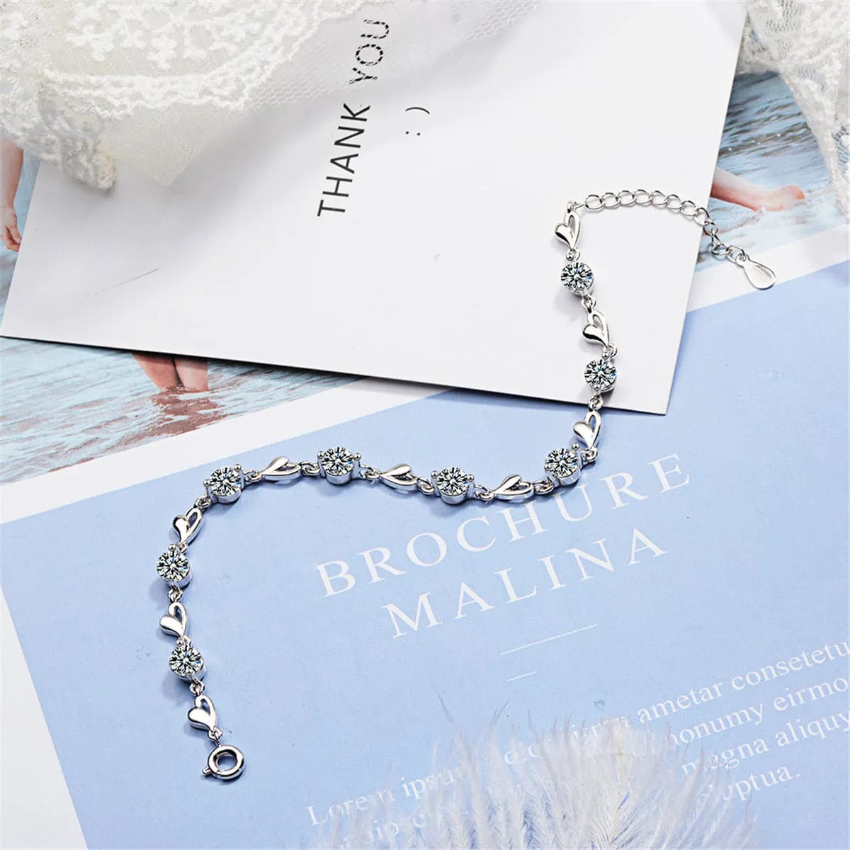 Cubic Zirconia & Silver-Plated Heart Station Bracelet