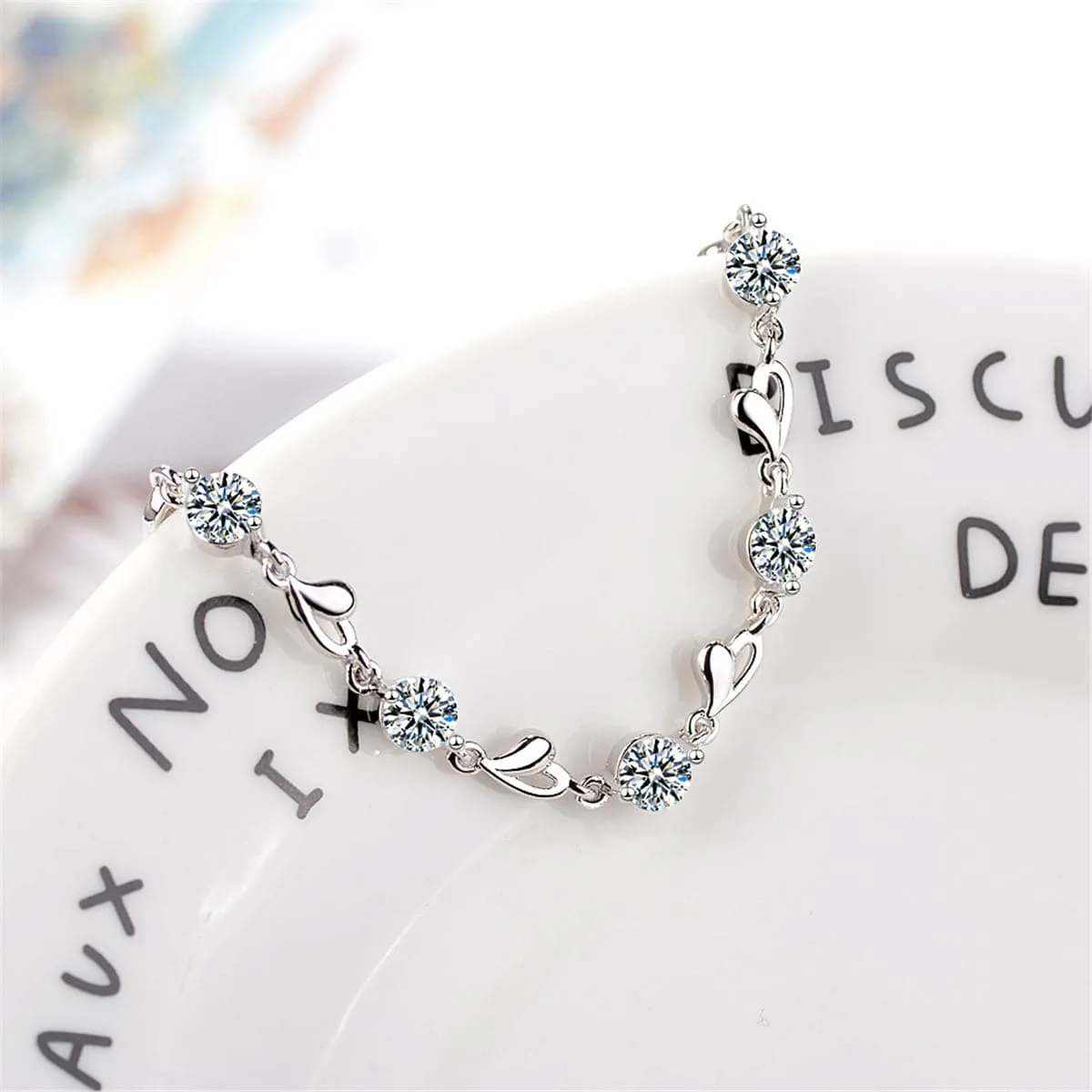 Cubic Zirconia & Silver-Plated Heart Station Bracelet