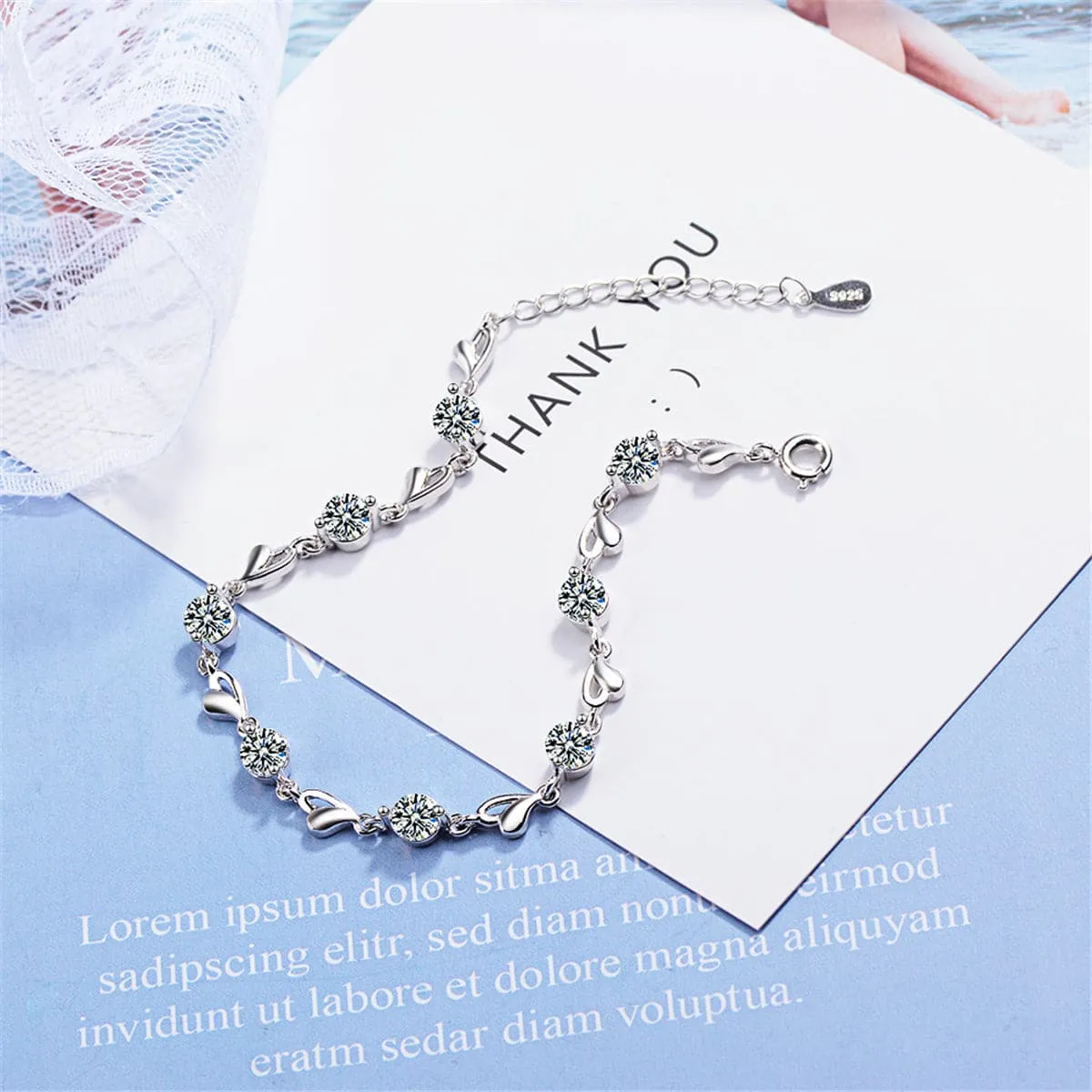 Cubic Zirconia & Silver-Plated Heart Station Bracelet