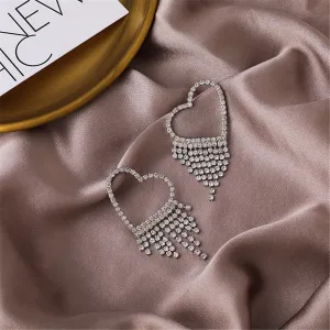 Cubic Zirconia & Silver-Plated Heart Tassel Drop Earrings
