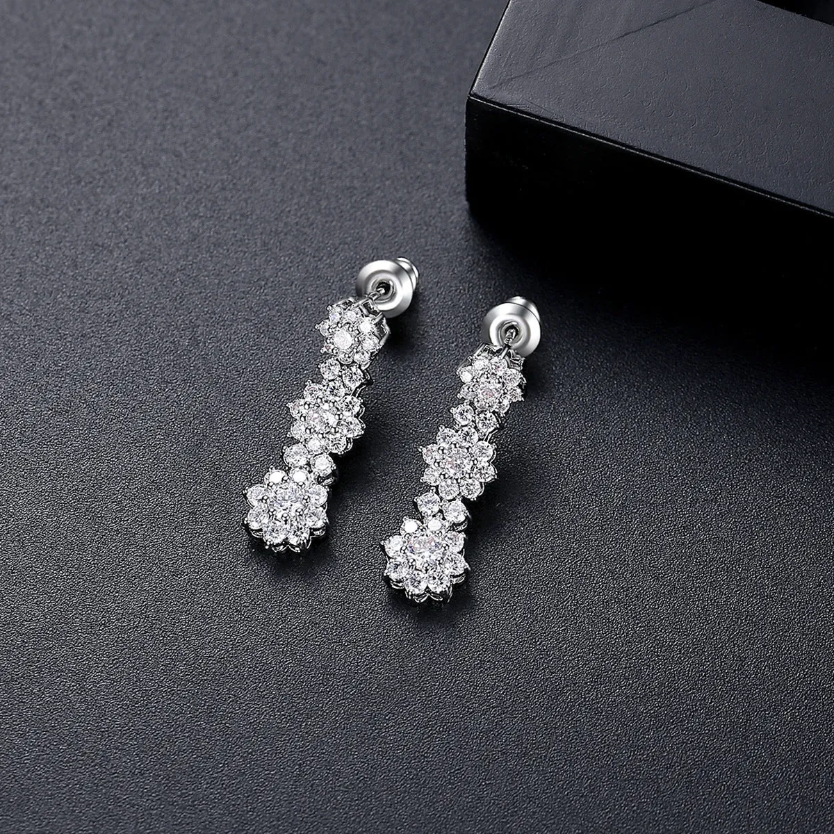 Cubic Zirconia & Silver-Plated Linked Flower Drop Earrings