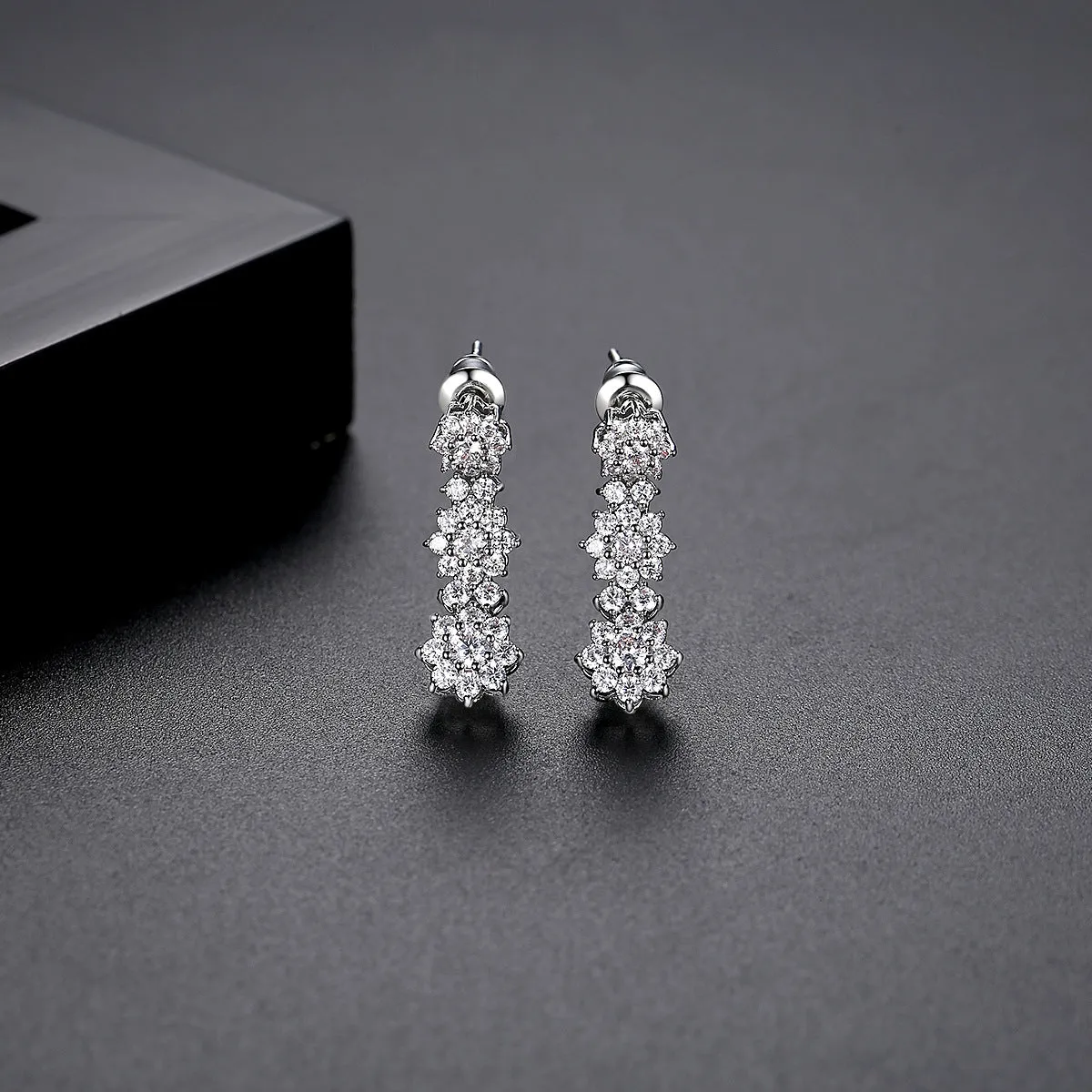Cubic Zirconia & Silver-Plated Linked Flower Drop Earrings
