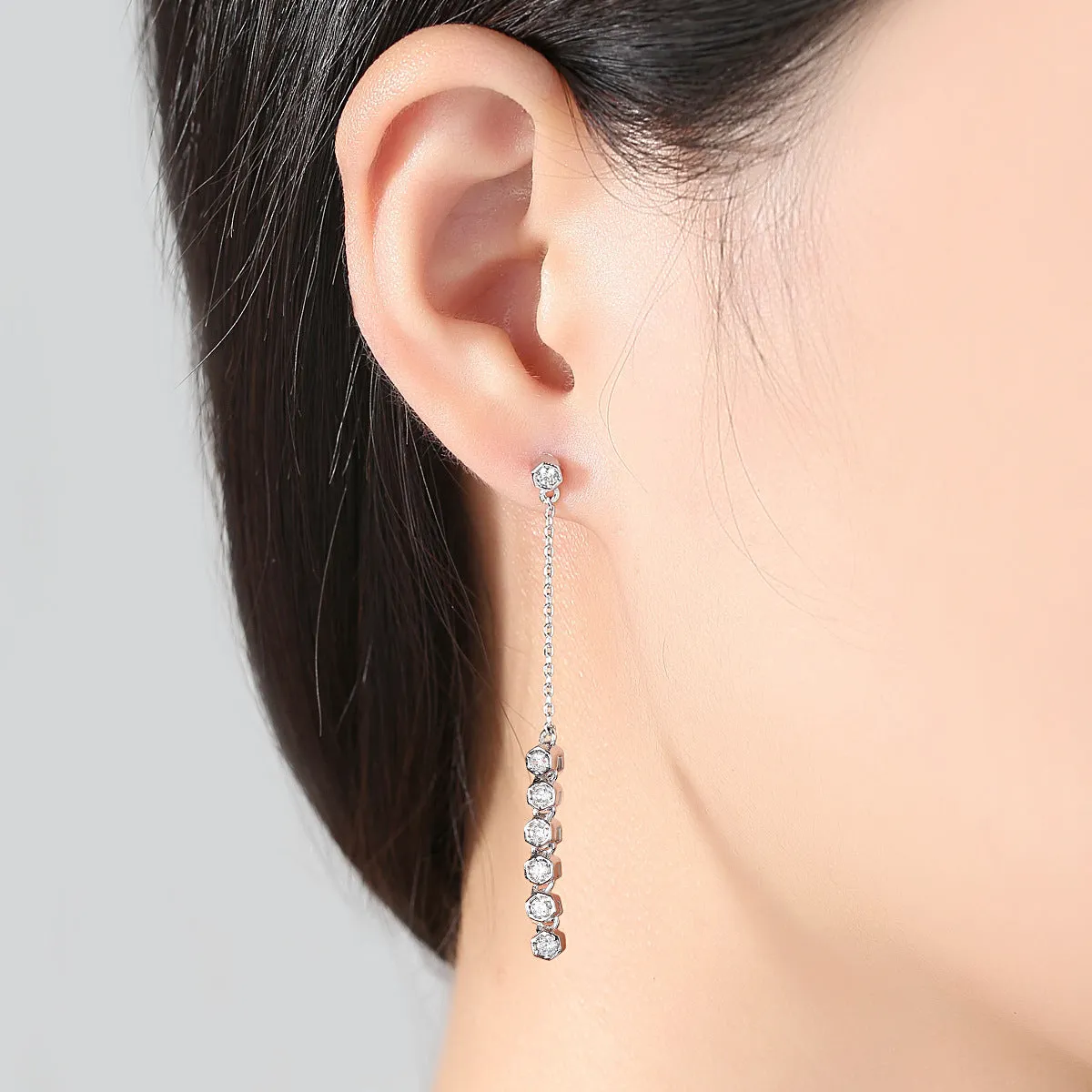 Cubic Zirconia & Silver-Plated Linked Hexagon Drop Earrings