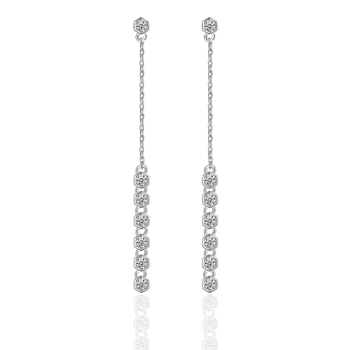 Cubic Zirconia & Silver-Plated Linked Hexagon Drop Earrings