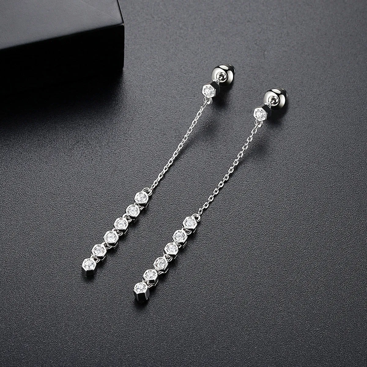 Cubic Zirconia & Silver-Plated Linked Hexagon Drop Earrings