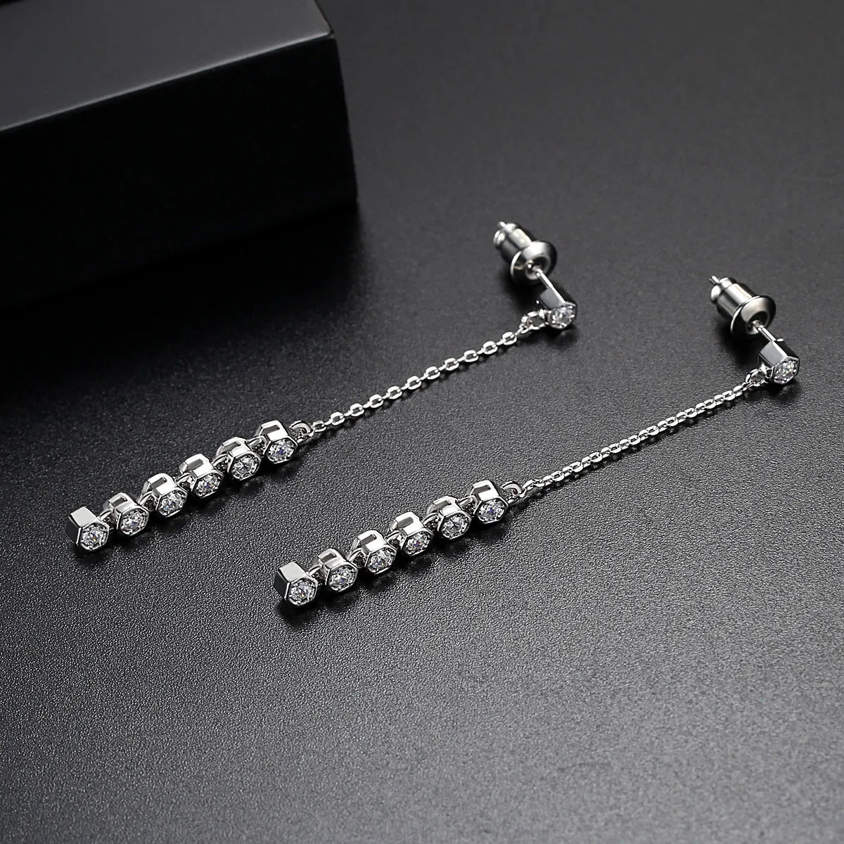 Cubic Zirconia & Silver-Plated Linked Hexagon Drop Earrings