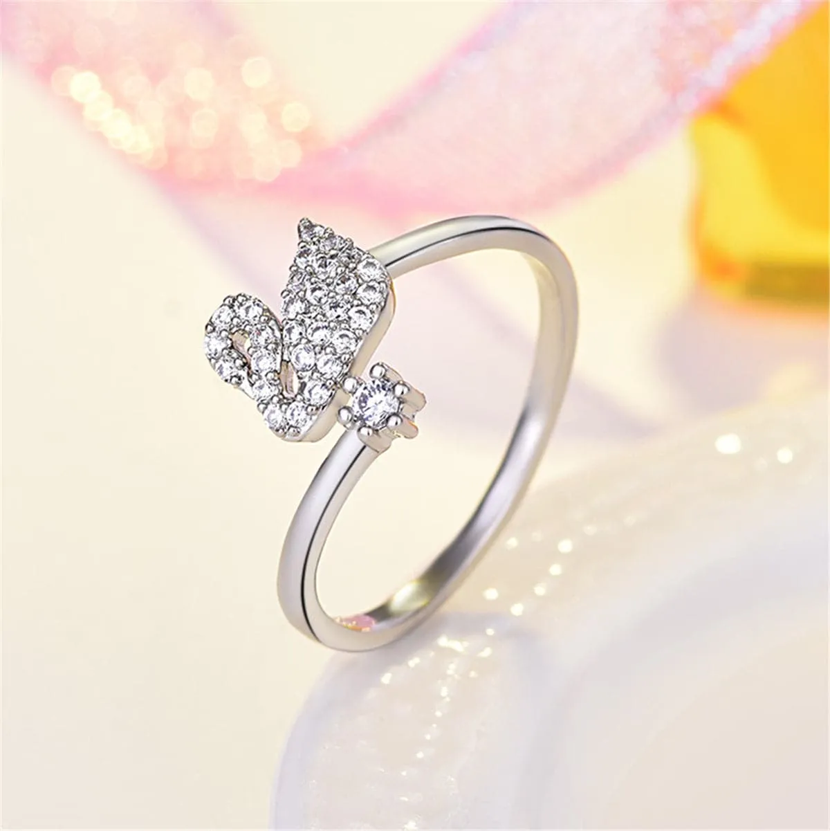 Cubic Zirconia & Silver-Plated Swan Bypass Ring