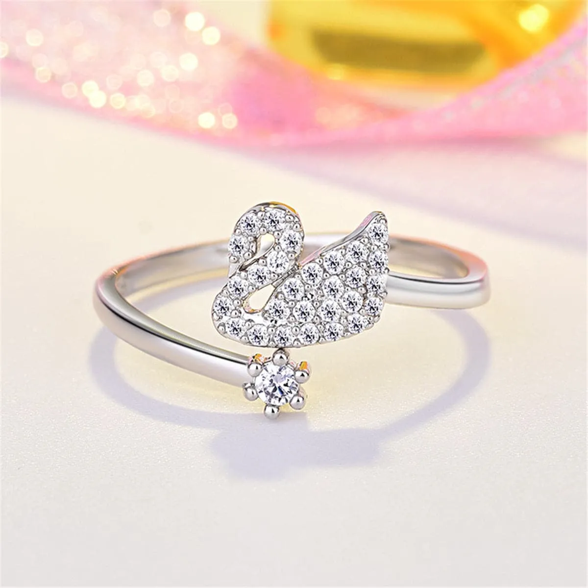 Cubic Zirconia & Silver-Plated Swan Bypass Ring