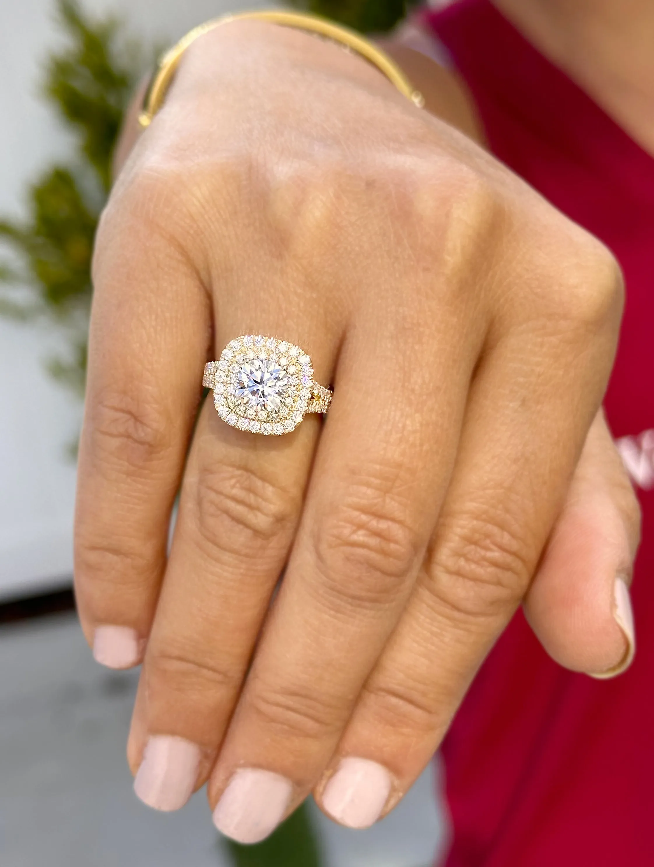 Cushion Cut Moissanite And Round Cut Sides Engagement Ring Double Halo Women's 14K Solid Yellow Gold Split Shank Wedding Bridal Ring 3.00ctw