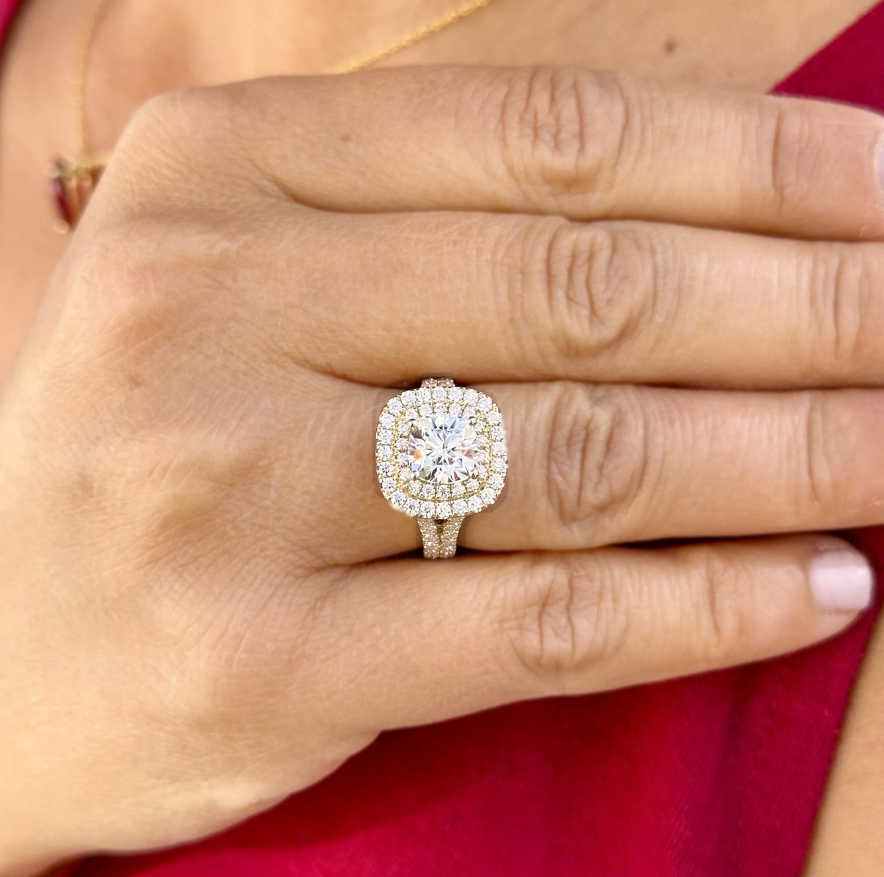 Cushion Cut Moissanite And Round Cut Sides Engagement Ring Double Halo Women's 14K Solid Yellow Gold Split Shank Wedding Bridal Ring 3.00ctw